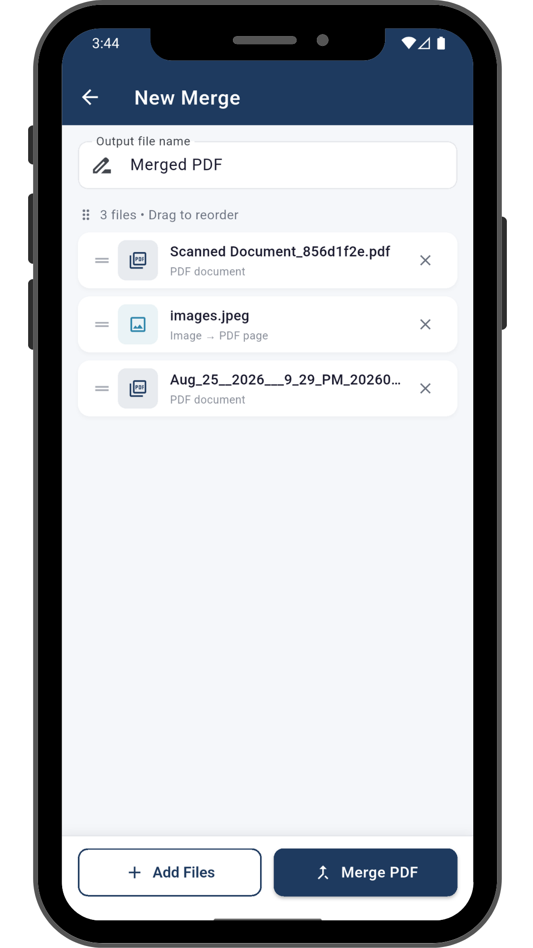 Merge PDFs screen